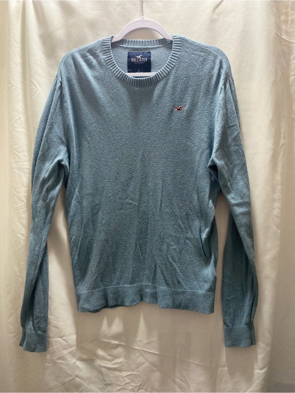 Hollister Blue Solid Tight Knit Crewneck Pullover Sweater Logo Seagull Men Large